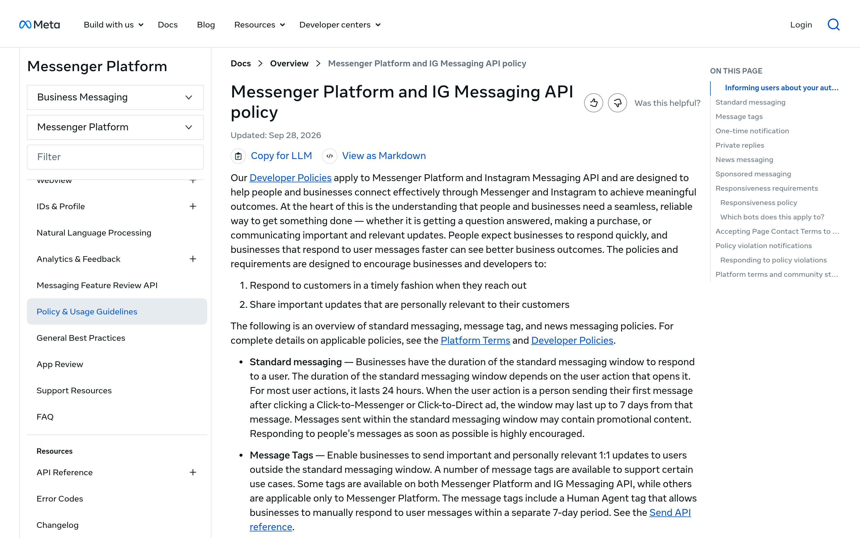 Meta Messenger Platform policy documentation page on developers.facebook.com