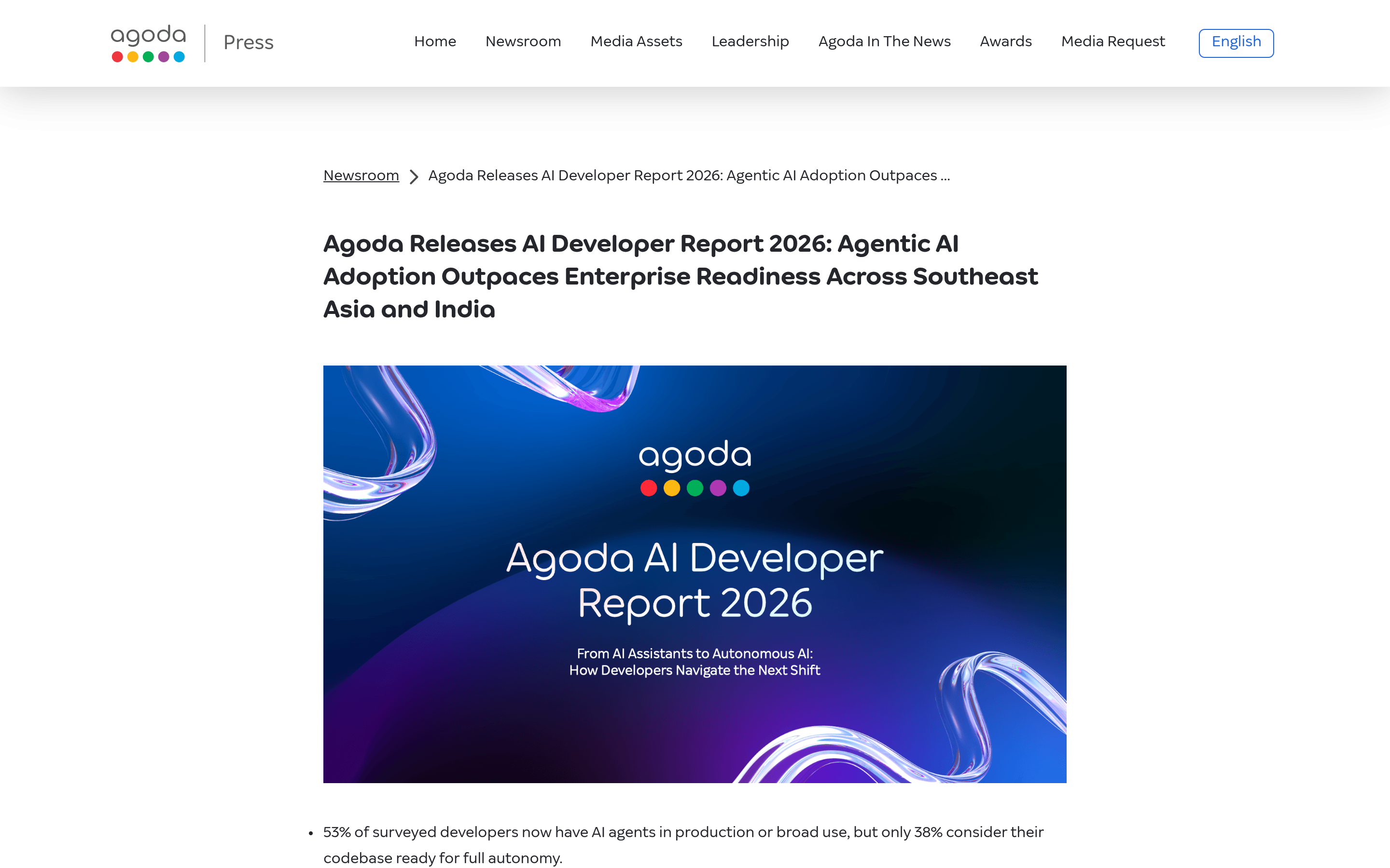 Agoda press release page announcing the 2026 AI Developer Report on agentic AI