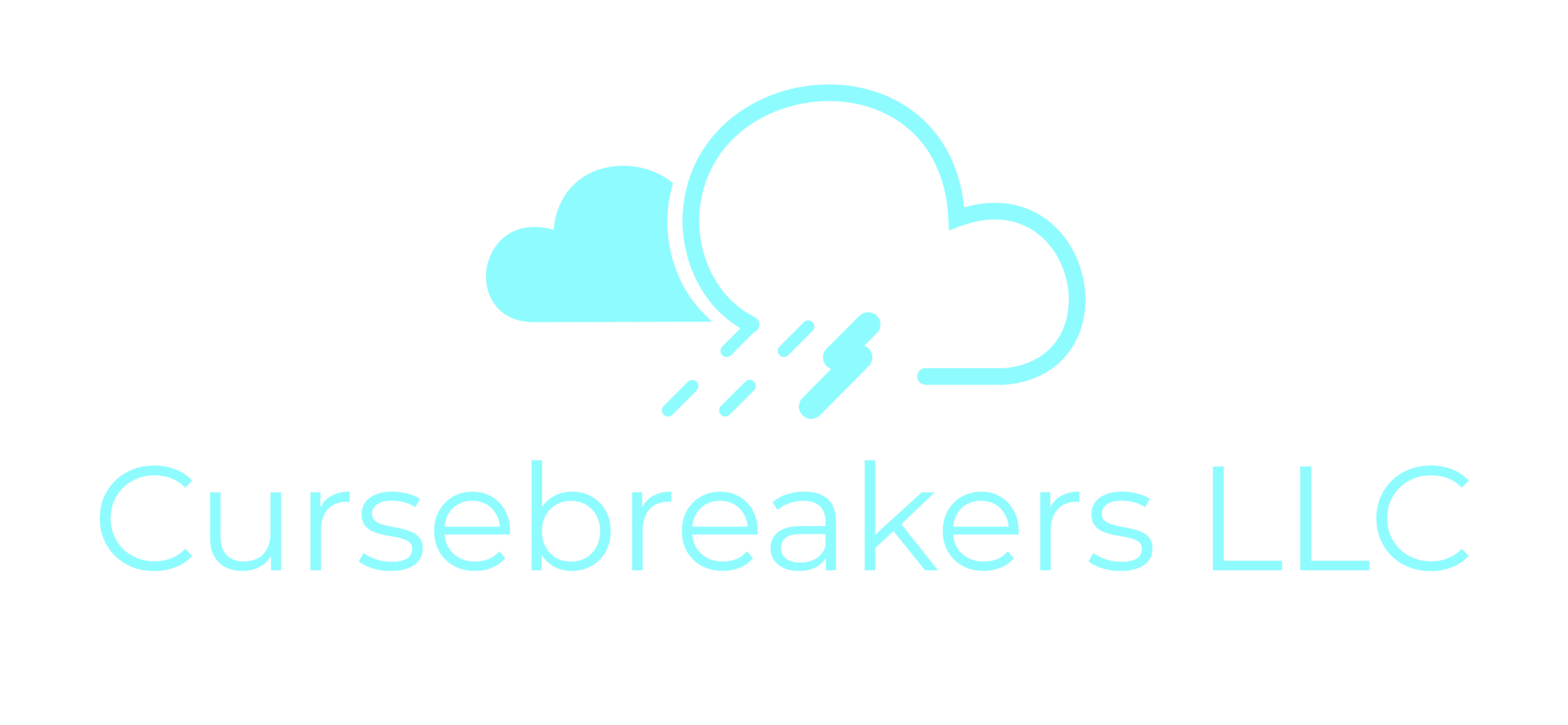 Logo for Cursebreakers LLC featuring a stylized cloud and lightning graphic in light blue, with the company name in matching text below.