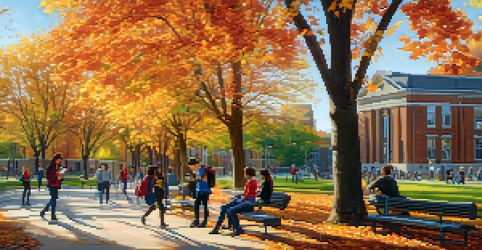 A lively university campus with students studying and discussing ideas amidst colorful autumn leaves.