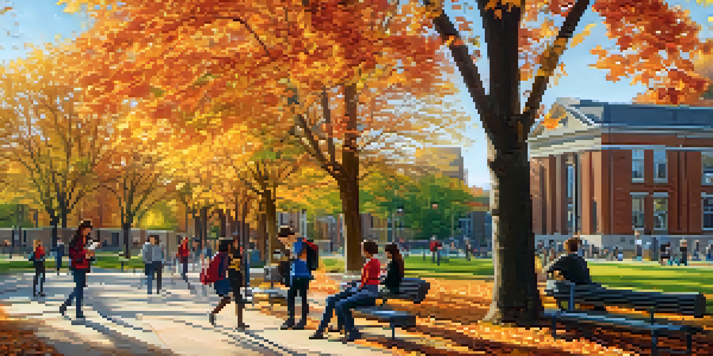 A lively university campus with students studying and discussing ideas amidst colorful autumn leaves.