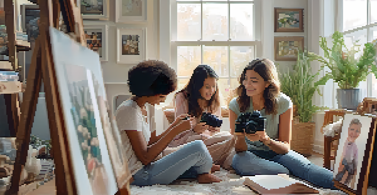 A family posing for a portrait in a cozy, pastel-colored photography studio, with natural light creating a warm and inviting atmosphere.