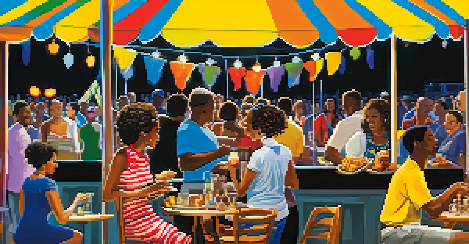 A vibrant jazz festival with a live band performing and attendees enjoying diverse food options from vendors.