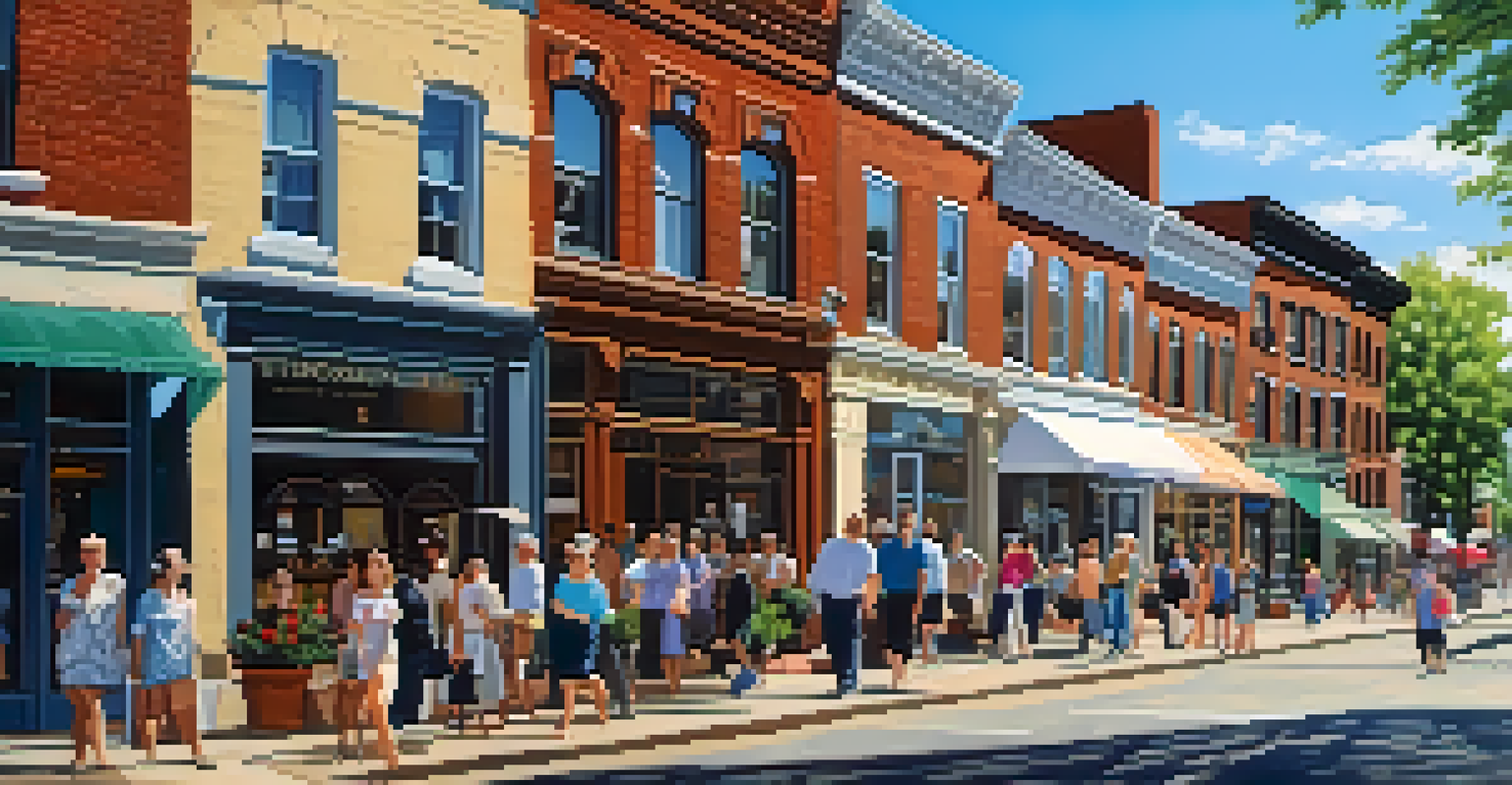 A lively street with historic buildings, people walking, and art displays, under a bright blue sky.
