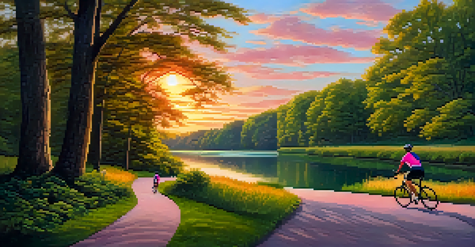 A sunset view of the Genesee Riverway Trail, featuring cyclists and joggers against a backdrop of vibrant sky colors and lush greenery.