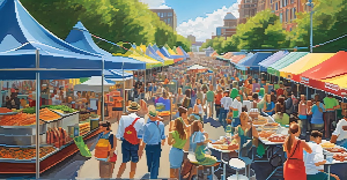 A lively outdoor food festival in Rochester filled with colorful food stalls and people enjoying local delicacies under a clear blue sky.