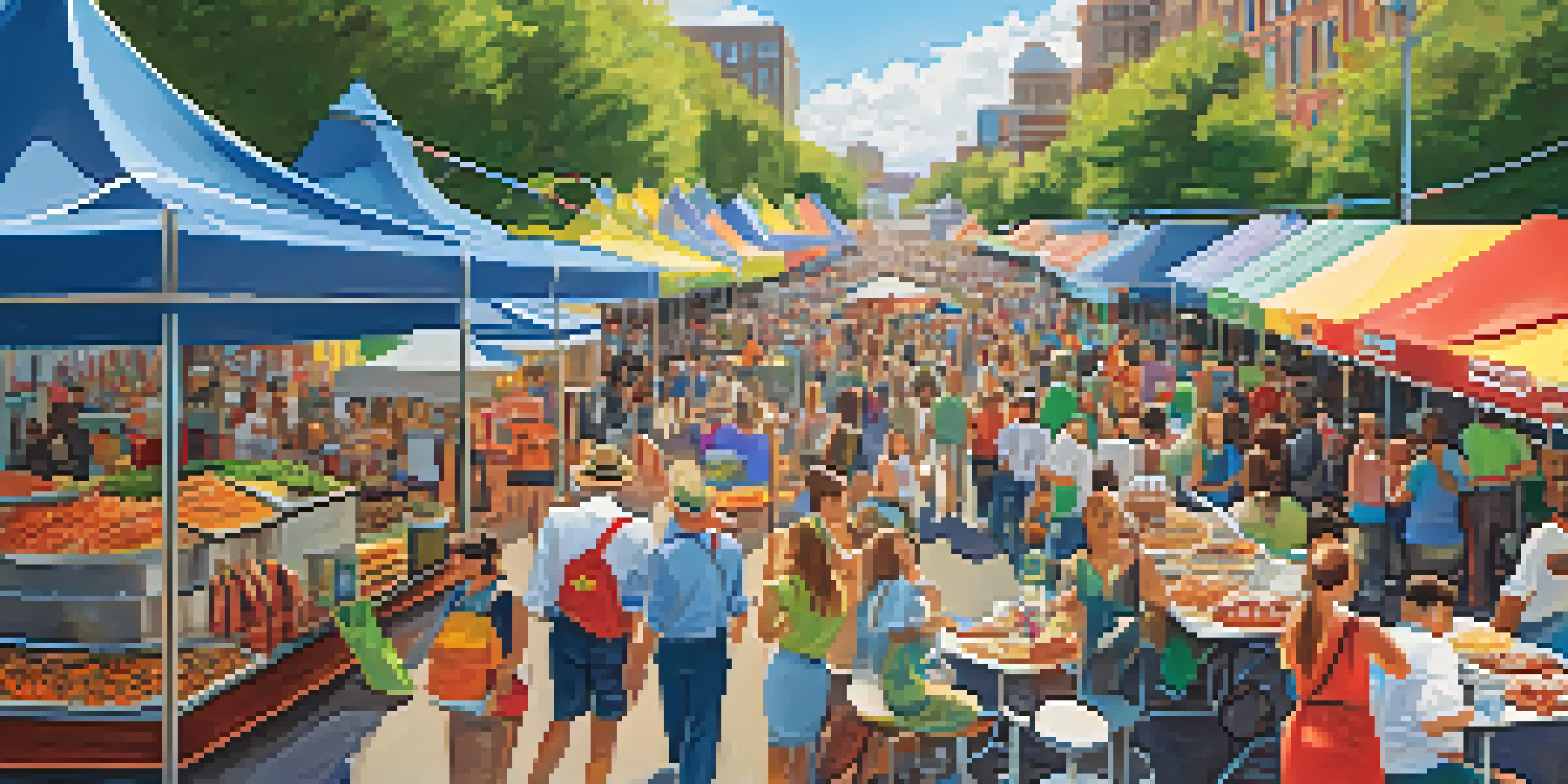 A lively outdoor food festival in Rochester filled with colorful food stalls and people enjoying local delicacies under a clear blue sky.