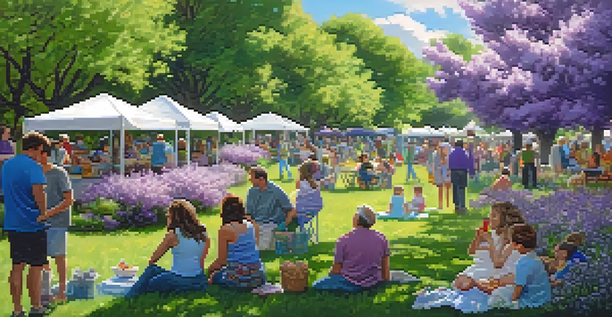 A lively outdoor festival scene at the Rochester Lilac Festival with blooming lilac bushes and attendees enjoying picnics and local art displays.