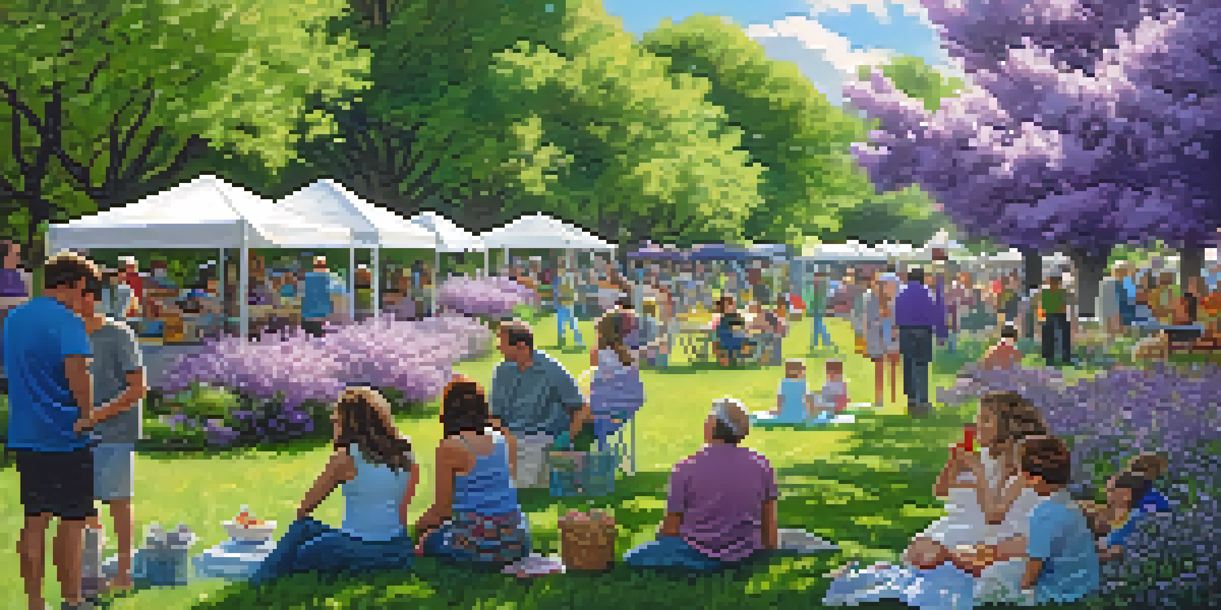 A lively outdoor festival scene at the Rochester Lilac Festival with blooming lilac bushes and attendees enjoying picnics and local art displays.