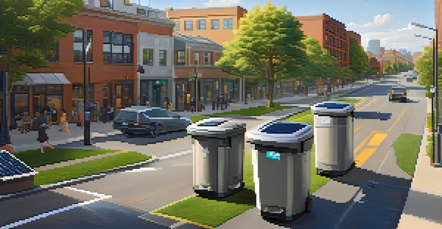 A modern cityscape of Rochester with smart waste bins, solar panels, and electric buses, showcasing sustainability.
