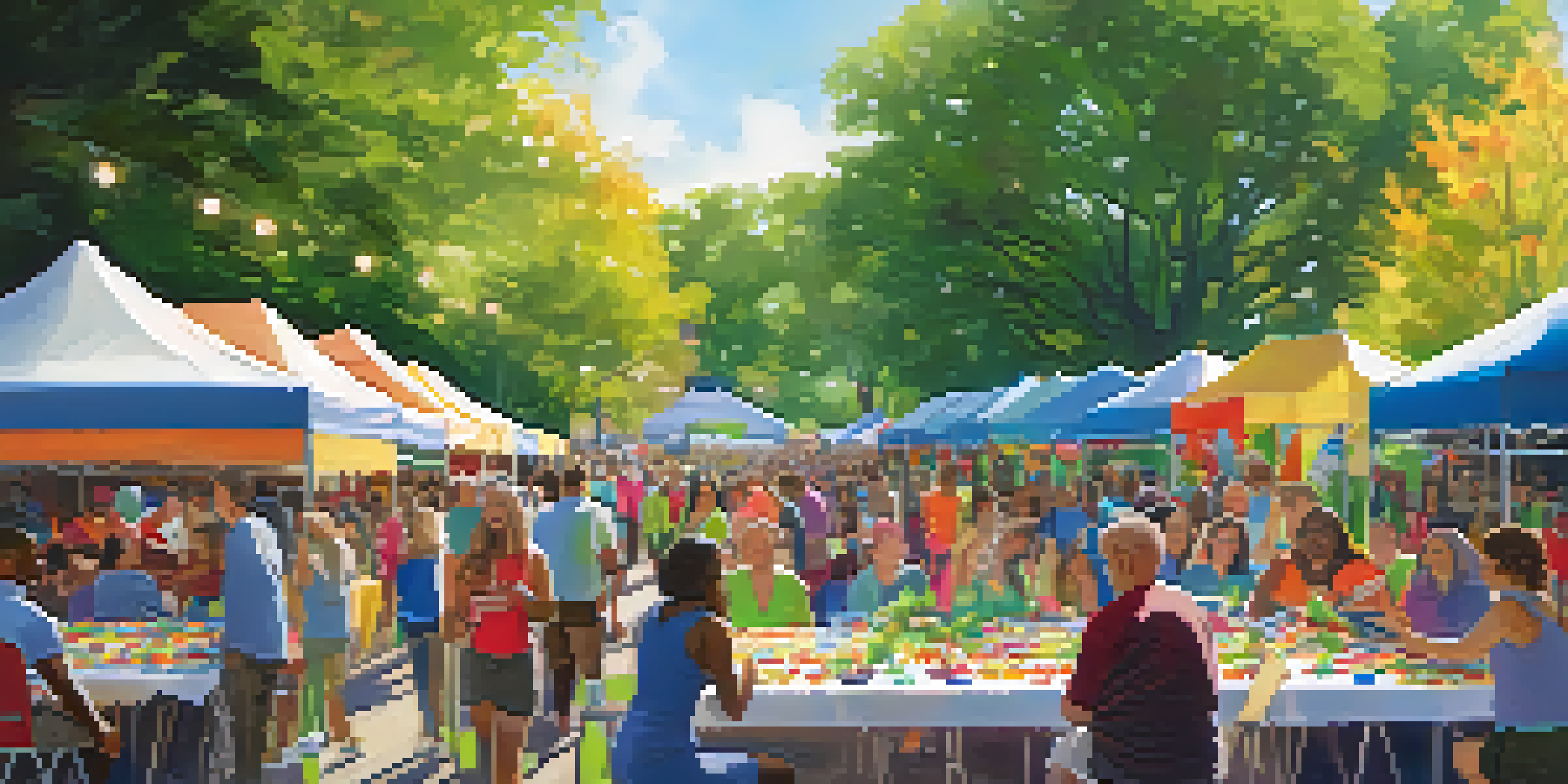 A lively community event in Rochester with diverse volunteers and colorful banners, filled with people interacting under sunlight.