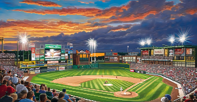 A bustling baseball game at Frontier Field with excited fans and a sunset in the background.