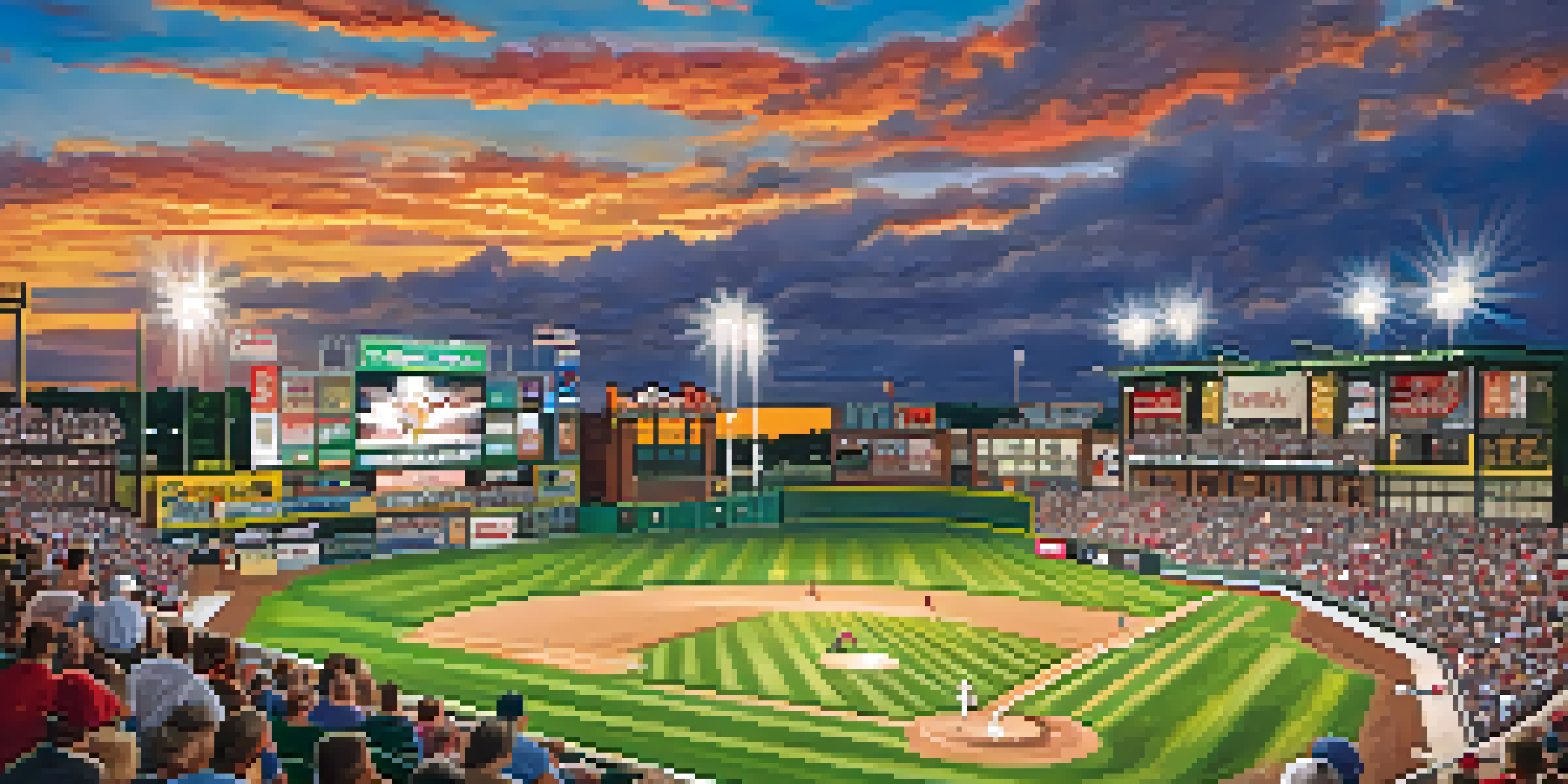 A bustling baseball game at Frontier Field with excited fans and a sunset in the background.