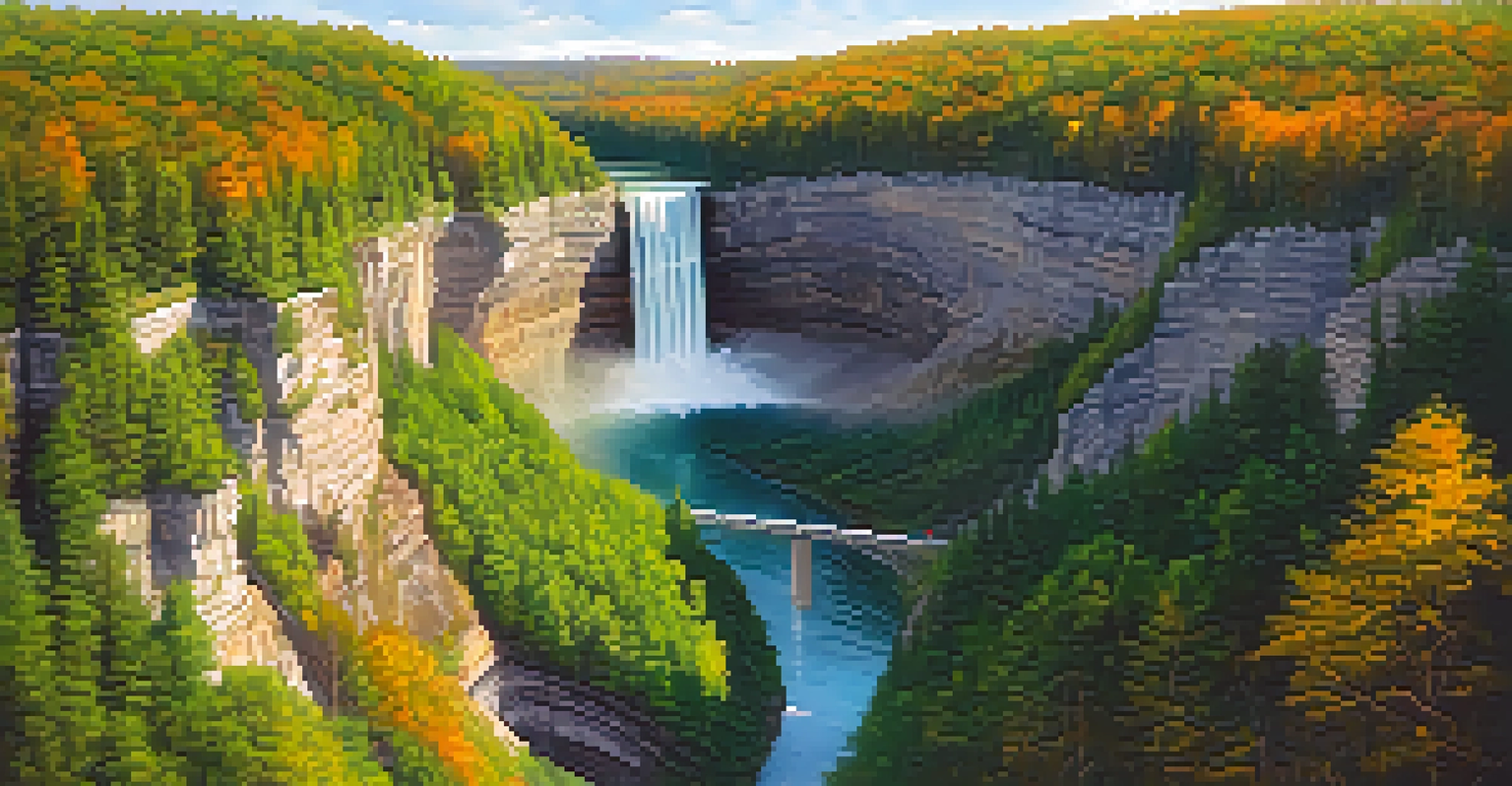 An aerial view of Letchworth State Park showcasing waterfalls and rugged cliffs with hikers on the trails.