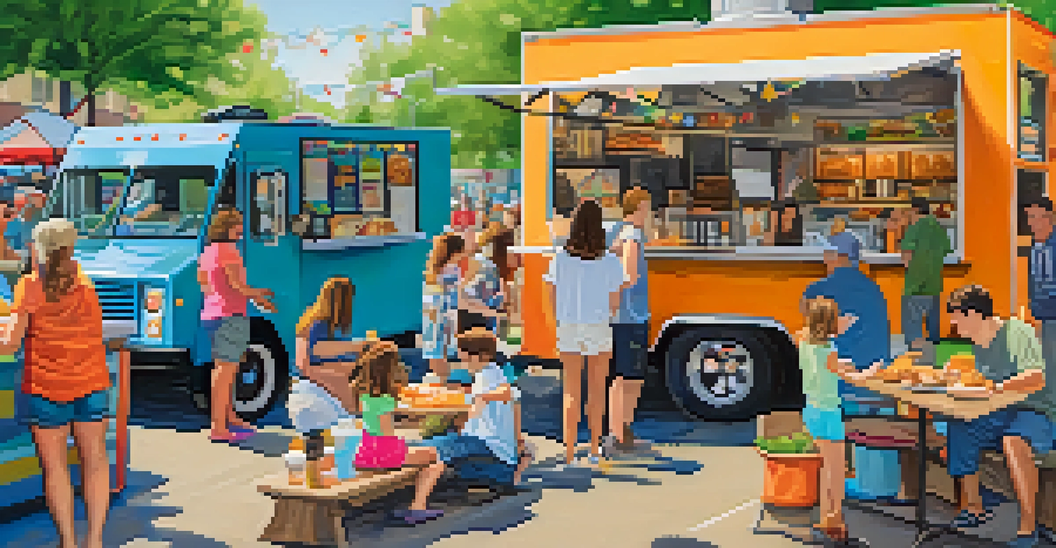 A summer food truck festival scene with people enjoying diverse cuisines from various food trucks in a festive outdoor setting.