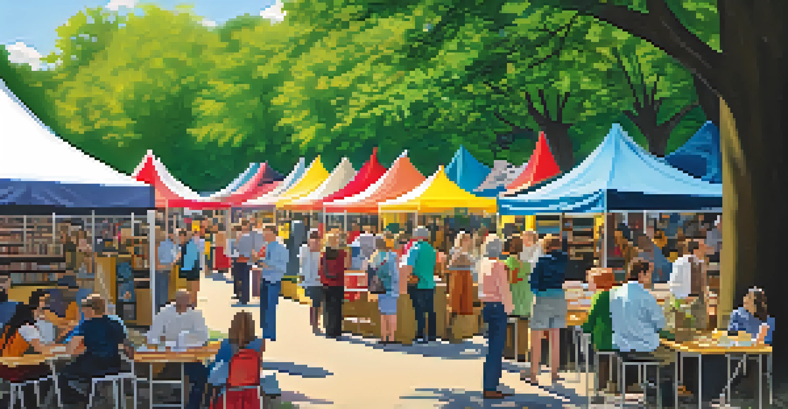 A lively literary festival in a park in Rochester, New York, featuring authors and readers engaging in discussions and book displays.