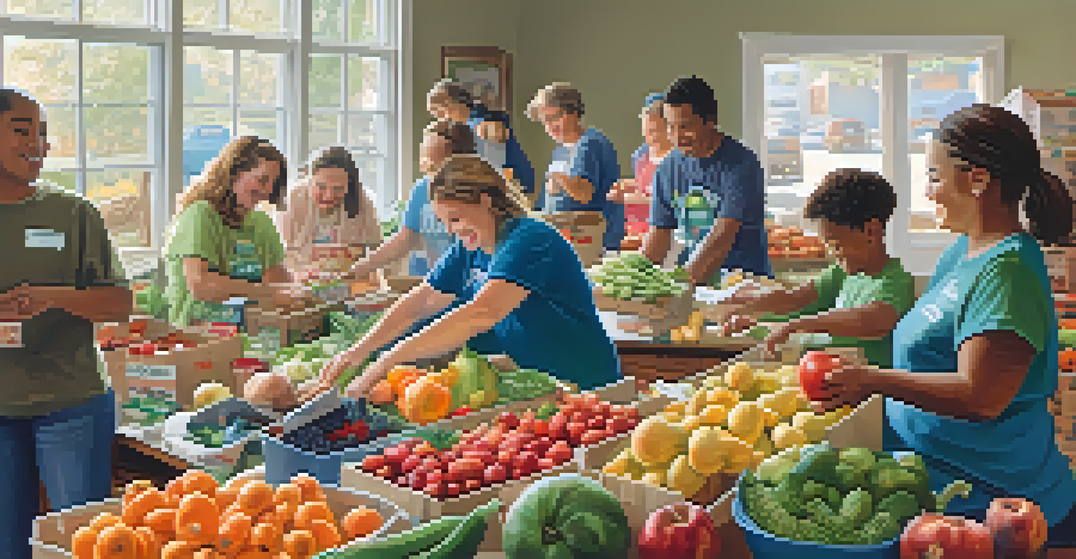 Volunteers happily sorting fresh food at a community food drive, with a bright and cheerful atmosphere.