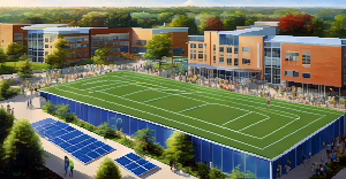 A modern sports facility with solar panels and greenery, surrounded by a community event where diverse individuals are participating in sports activities.
