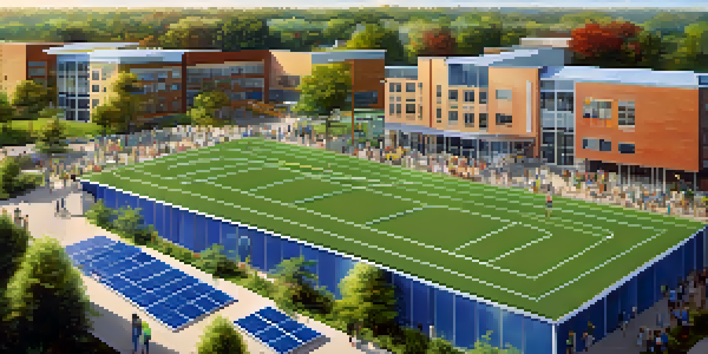 A modern sports facility with solar panels and greenery, surrounded by a community event where diverse individuals are participating in sports activities.