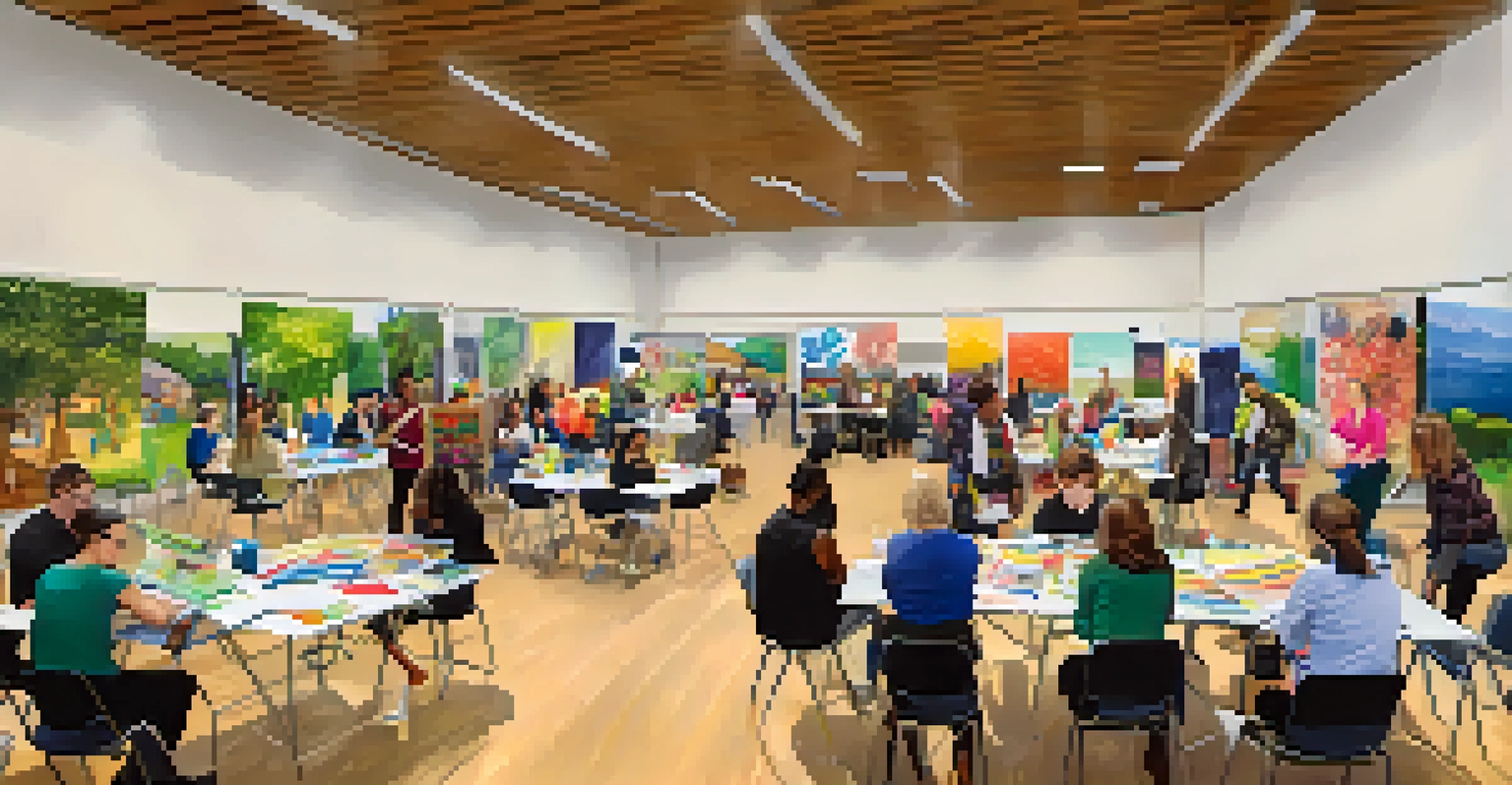 A community workshop with students and residents engaging in collaborative activities with art supplies.