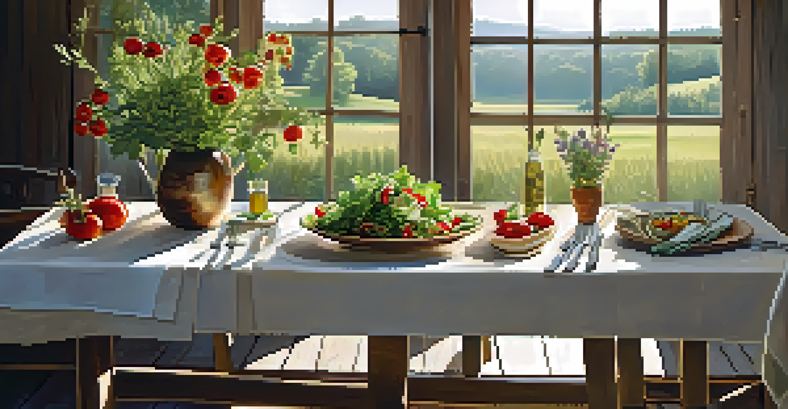 A rustic outdoor dining setup showcasing a seasonal salad made with fresh local ingredients, with a farm backdrop.
