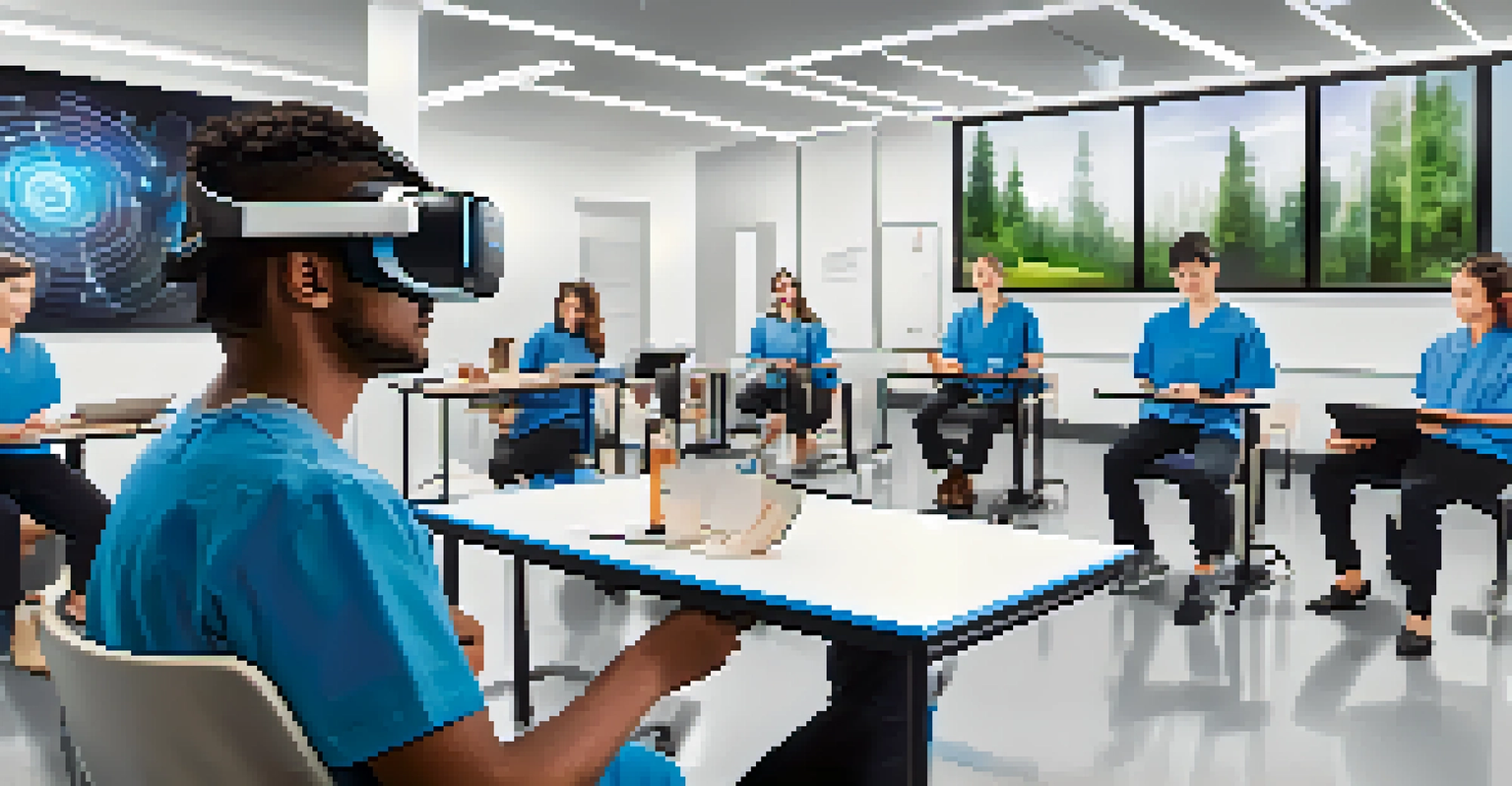 A student using virtual reality technology in a modern classroom for healthcare training.