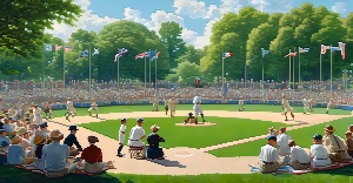 A lively baseball game in a 1920s Rochester park, with players in vintage uniforms and spectators enjoying the event.