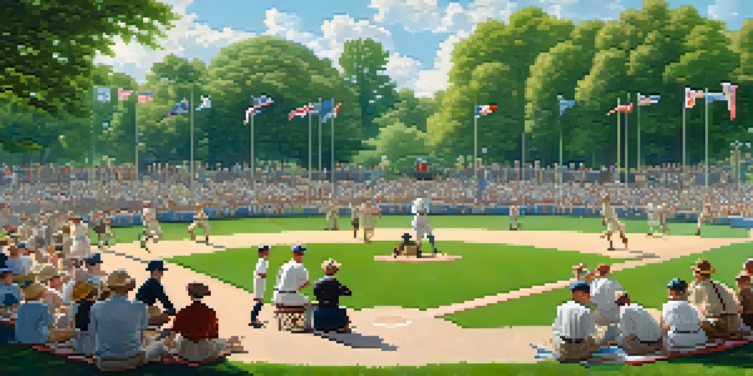 A lively baseball game in a 1920s Rochester park, with players in vintage uniforms and spectators enjoying the event.