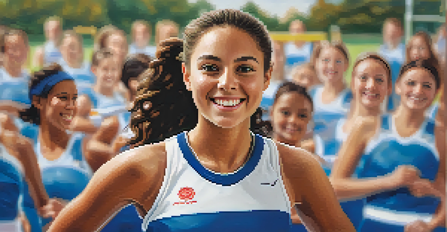 A confident young female athlete smiling in her sports uniform, with her team in the background at a local sports facility.