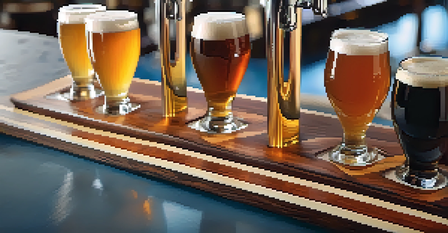A close-up of a craft beer flight with four distinct beers in glasses on a wooden paddle, showcasing their colors and textures.