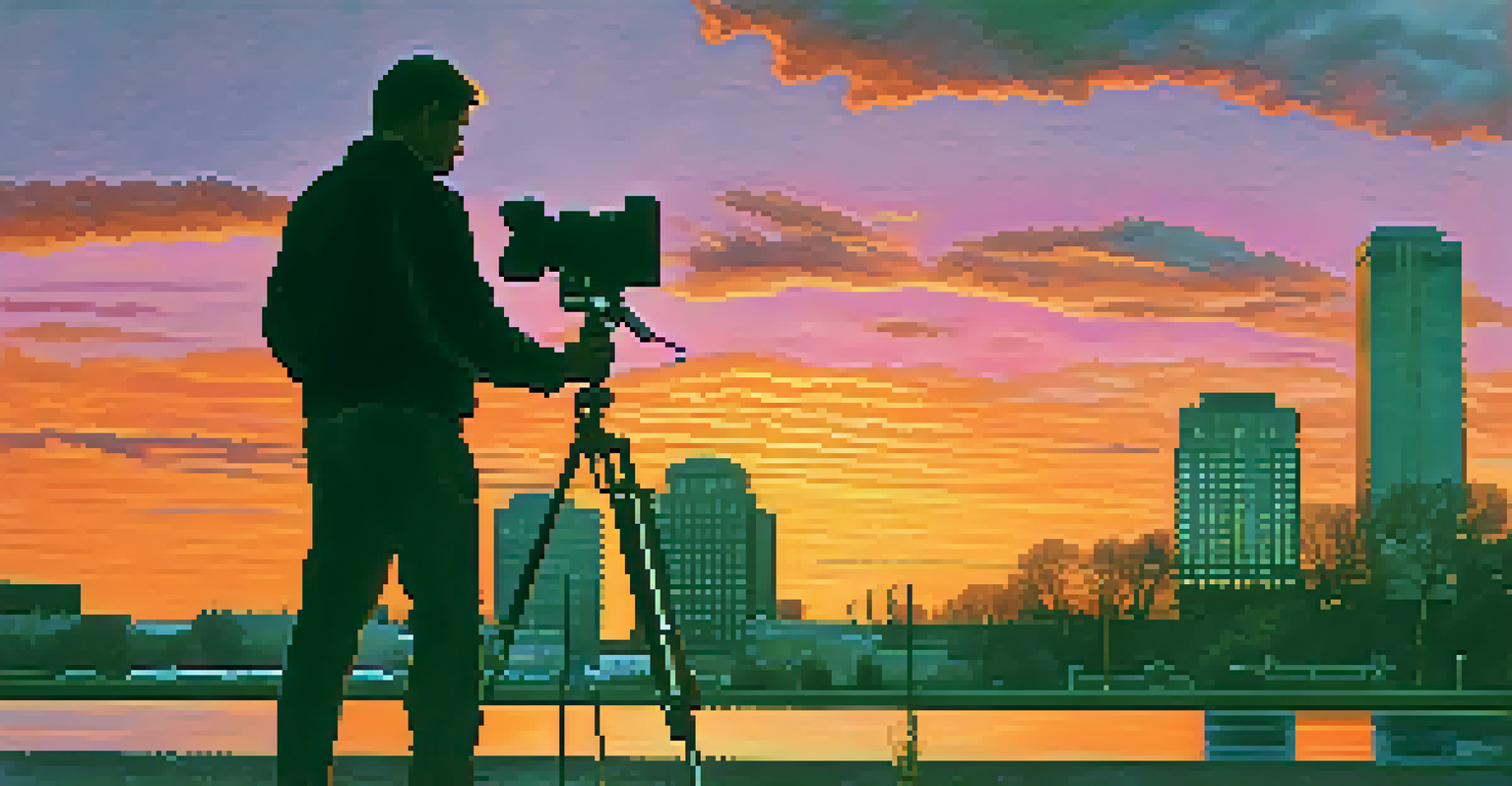 A silhouette of a photographer capturing a sunset in Rochester, New York, with vibrant sky colors and the Kodak building in the background.