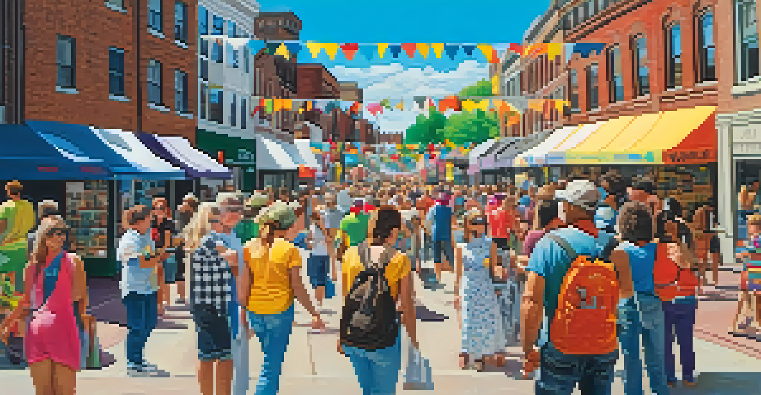A lively street scene in Rochester with colorful murals, artists at work, and a diverse crowd enjoying a public art festival.