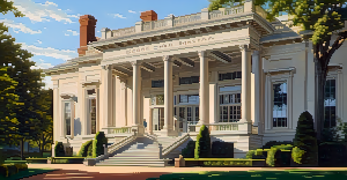 A stunning view of the George Eastman Museum with intricate woodwork, surrounded by greenery and illuminated by warm sunlight during the golden hour.
