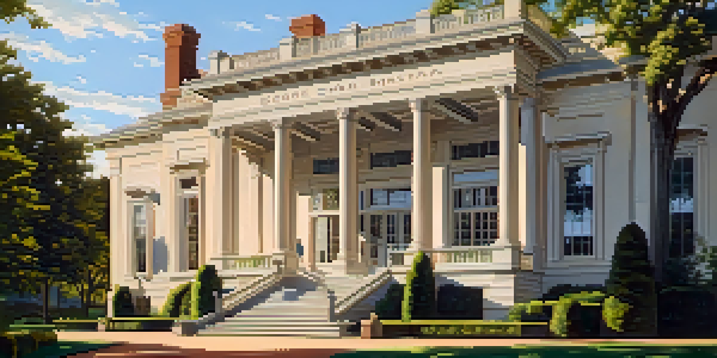 A stunning view of the George Eastman Museum with intricate woodwork, surrounded by greenery and illuminated by warm sunlight during the golden hour.