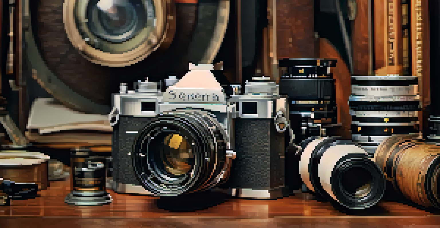 A close-up of a historical camera lens among photography tools, highlighted by dramatic lighting.