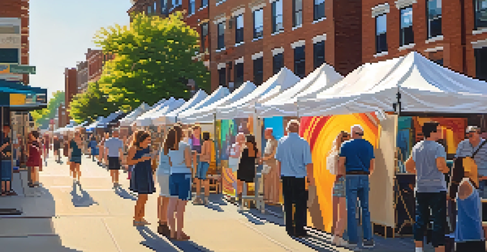 A lively street festival in Rochester, with photographers displaying their works and people engaging with art installations under warm golden hour sunlight.