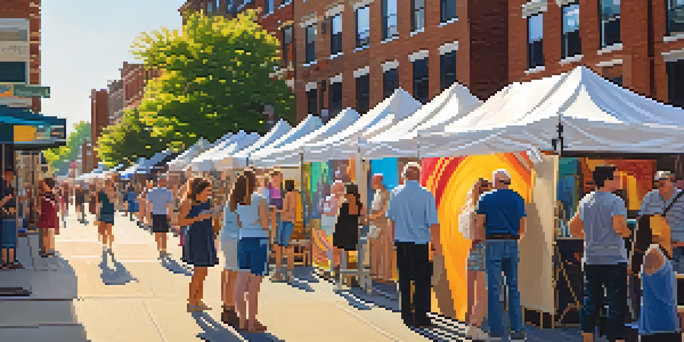 A lively street festival in Rochester, with photographers displaying their works and people engaging with art installations under warm golden hour sunlight.