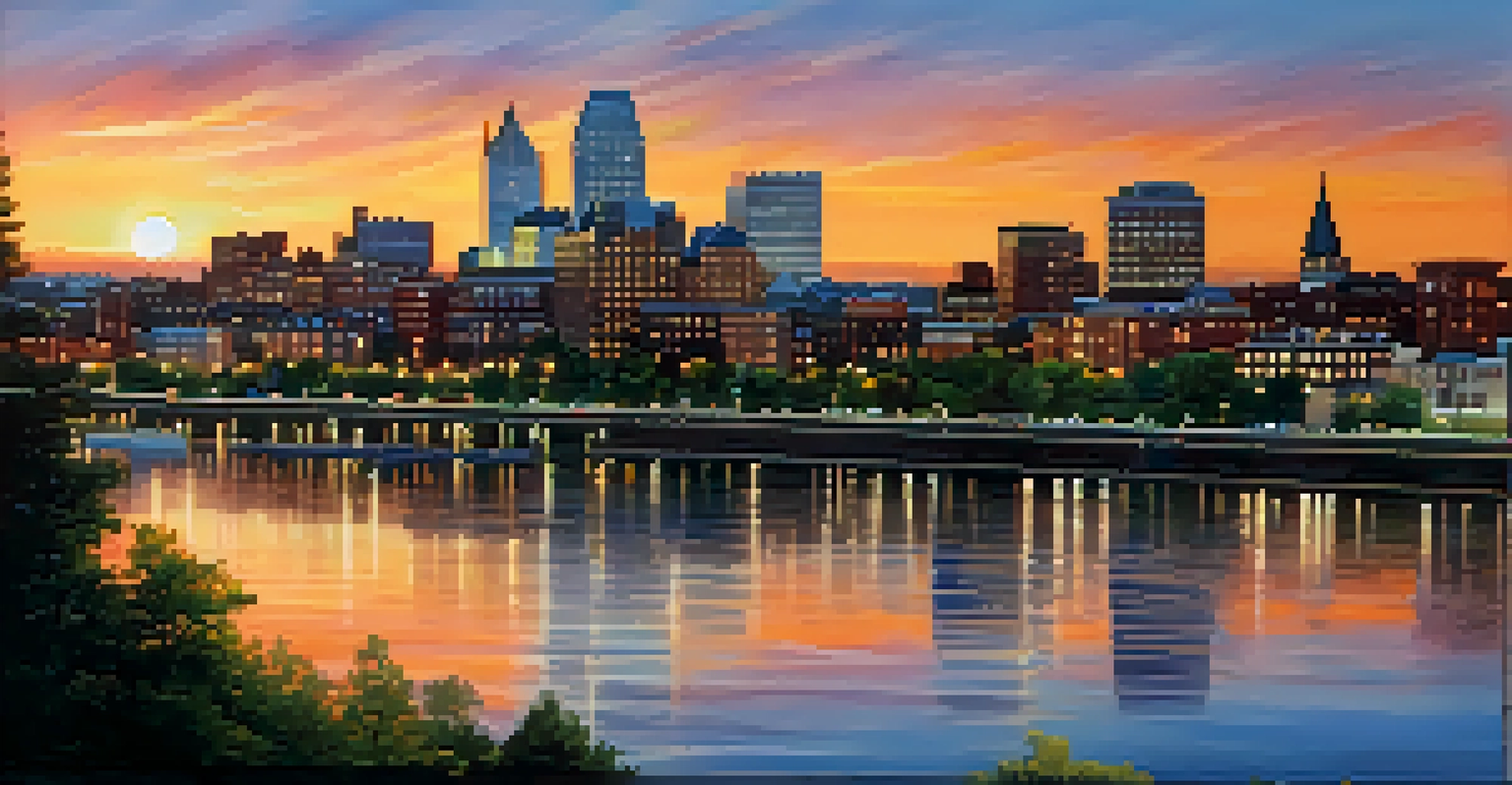 A beautiful sunset view of Rochester's skyline with reflections on the river, featuring students and families enjoying the waterfront, emphasizing community vibrancy.