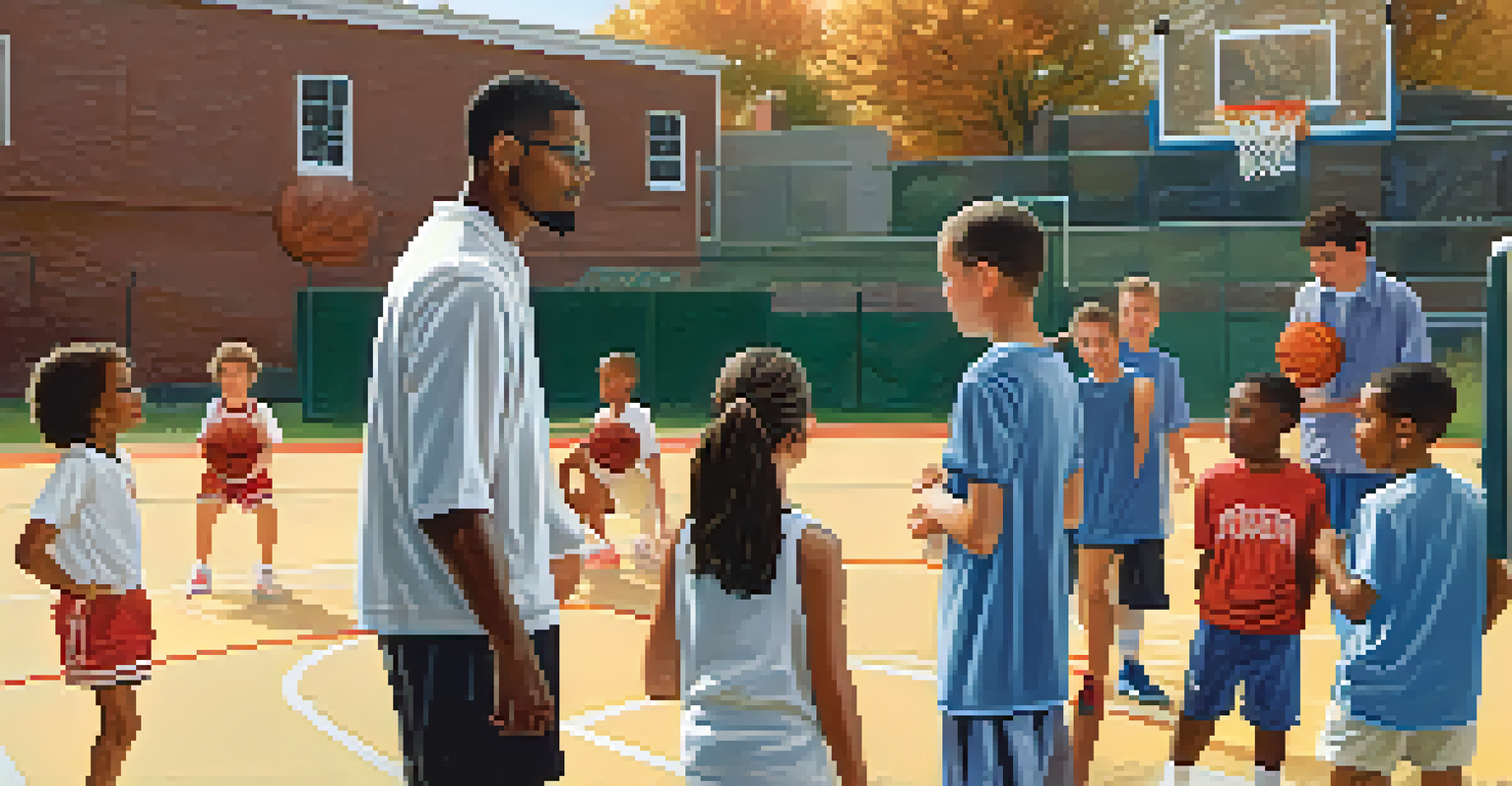 A dedicated coach teaching basketball to young players on a bright court, with attentive children and supportive parents in the background.