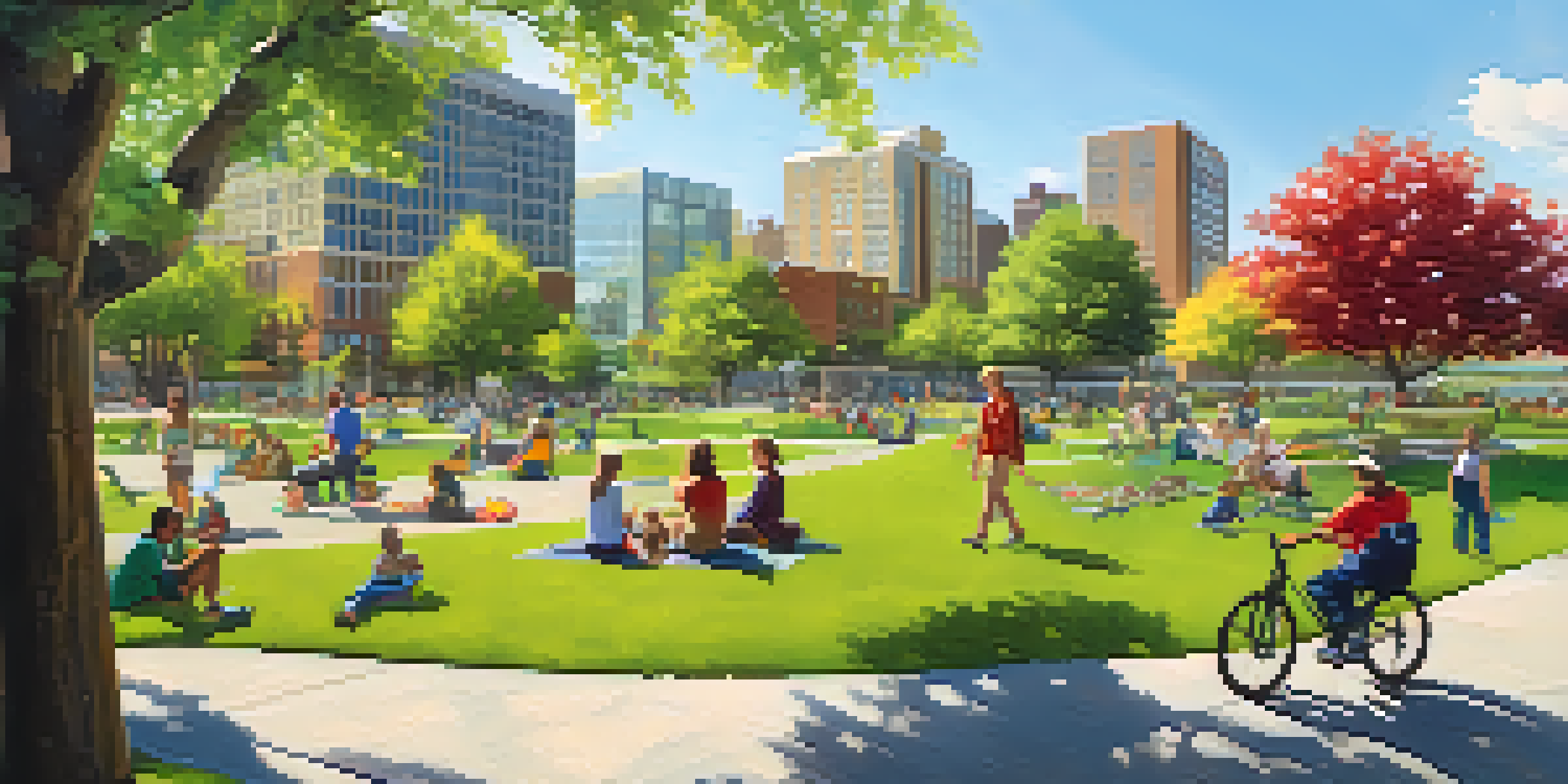A lively urban park in Rochester filled with people enjoying nature, picnics, and outdoor activities under a sunny sky.