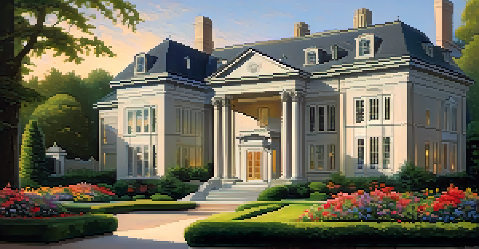 Exterior view of the George Eastman Museum featuring Gothic Revival architecture set in beautiful gardens at twilight.