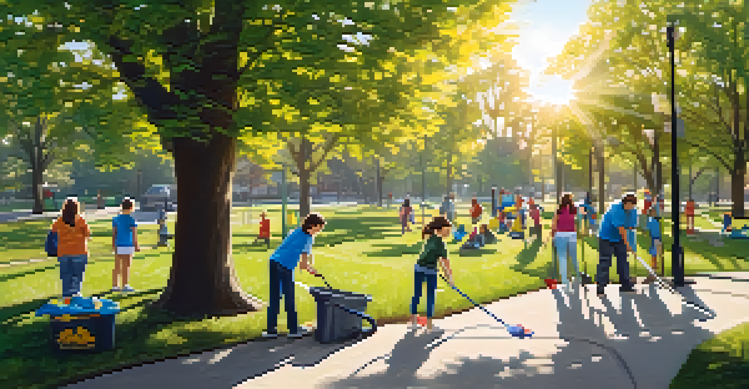 Volunteers participating in a community clean-up event in a park, with trees and playgrounds in the background.
