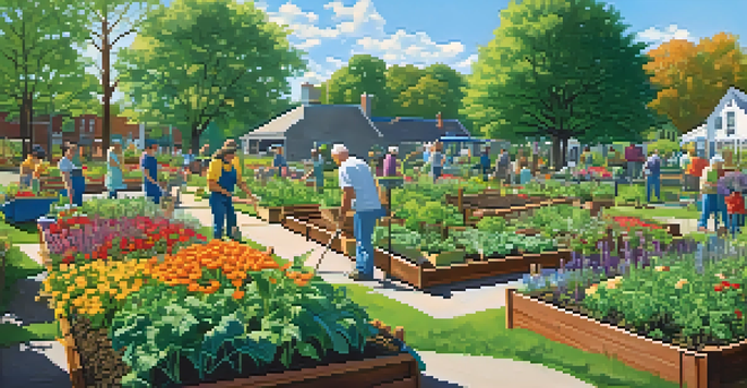 A community garden bustling with volunteers planting flowers and vegetables under a sunny sky.