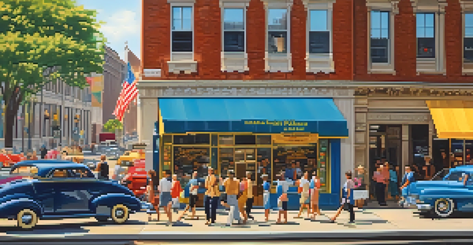 A bustling street in Rochester with the Eastman Kodak building, colorful banners, pedestrians, vintage cars, and flowers, illuminated by warm sunlight.
