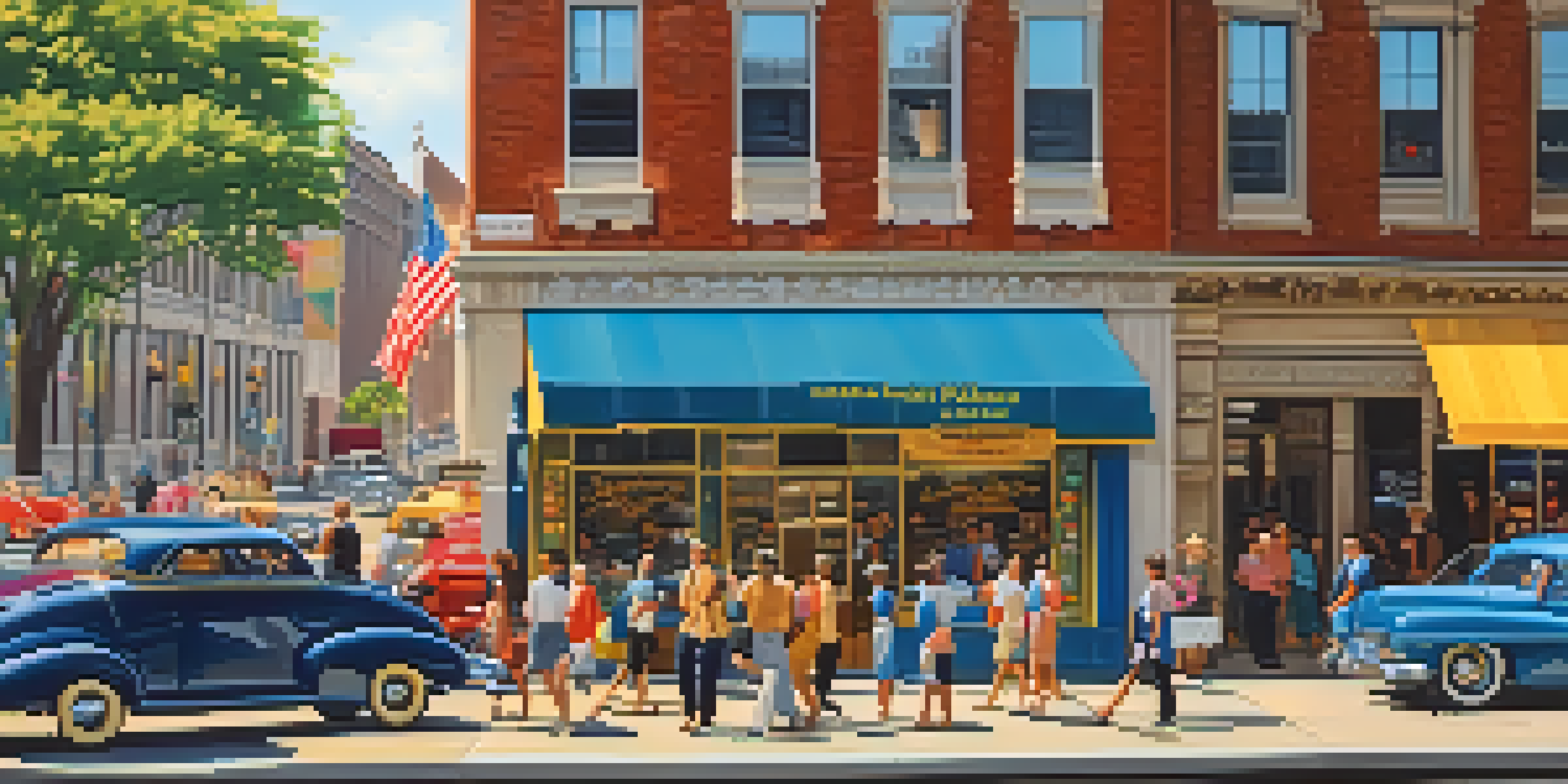 A bustling street in Rochester with the Eastman Kodak building, colorful banners, pedestrians, vintage cars, and flowers, illuminated by warm sunlight.