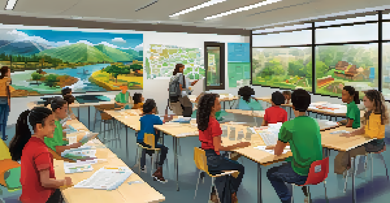 Students participating in a sustainability workshop in a bright classroom, interacting with displays and collaborating on projects.