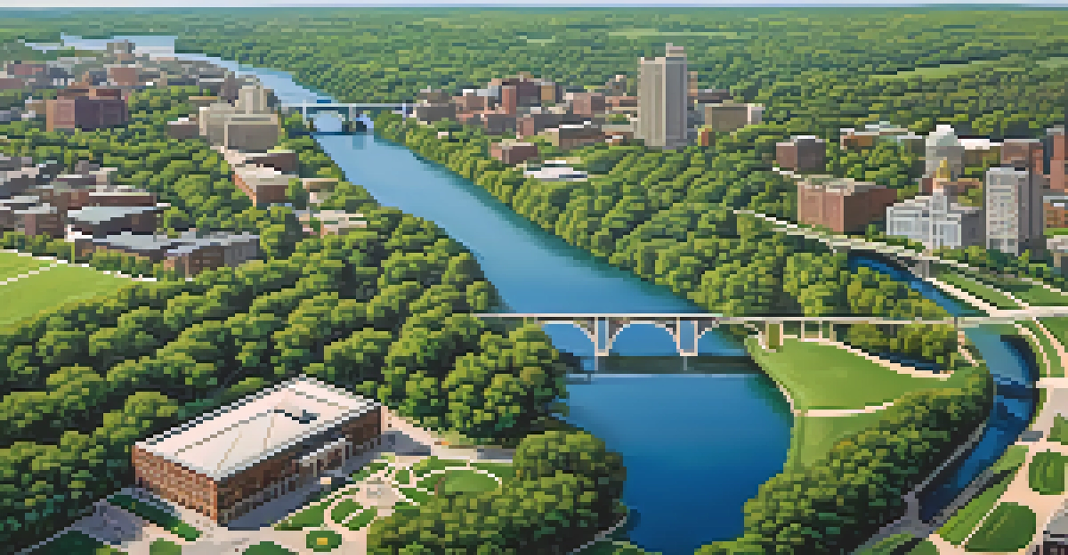 Aerial view of Genesee Valley Park showing trails, the river, and people enjoying outdoor activities.