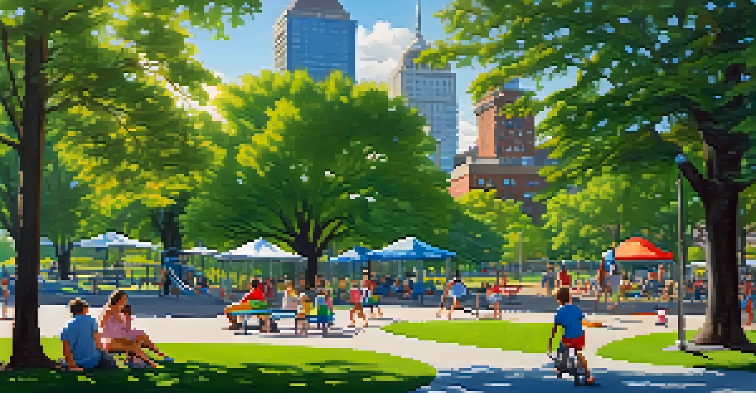 A family day at Cobbs Hill Park with children playing and families picnicking under trees with a city skyline in the background.