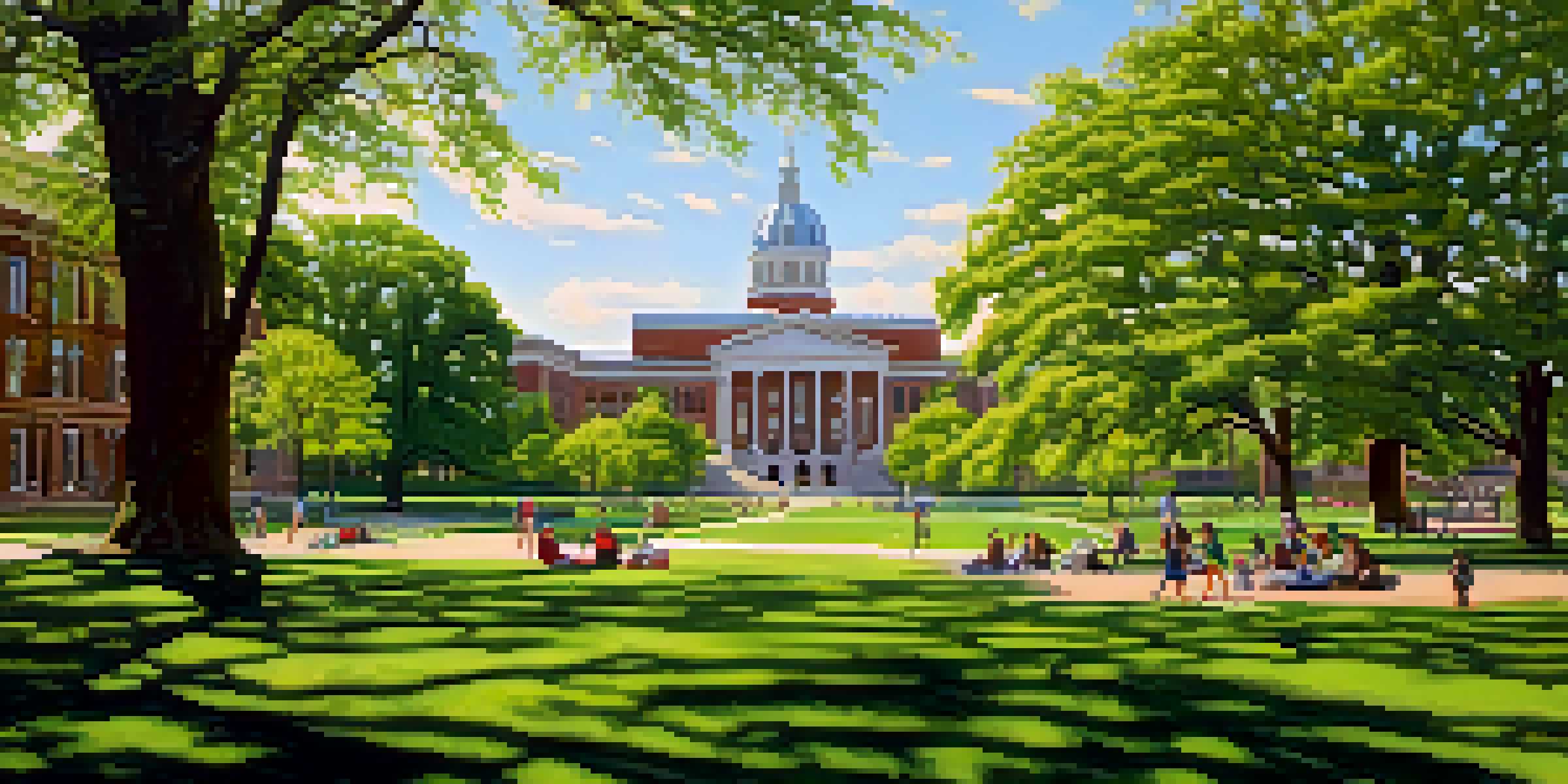 A peaceful view of the University of Rochester's Eastman Quadrangle with students and historic buildings under a blue sky.