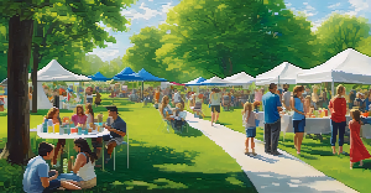 A community event in a park promoting sustainability with families and eco-friendly booths.